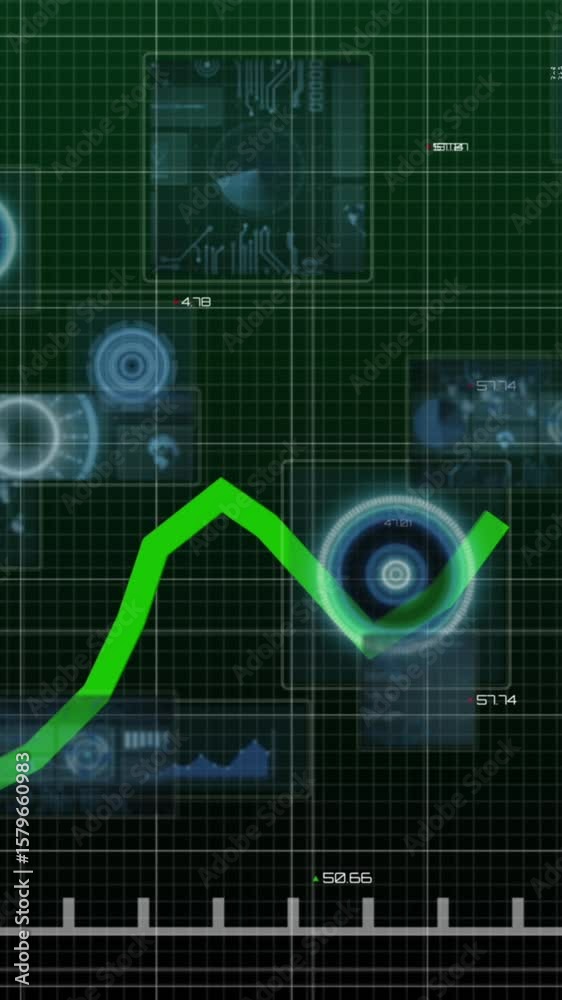 Poster animation of data processing with green line over scopes scanning on black background