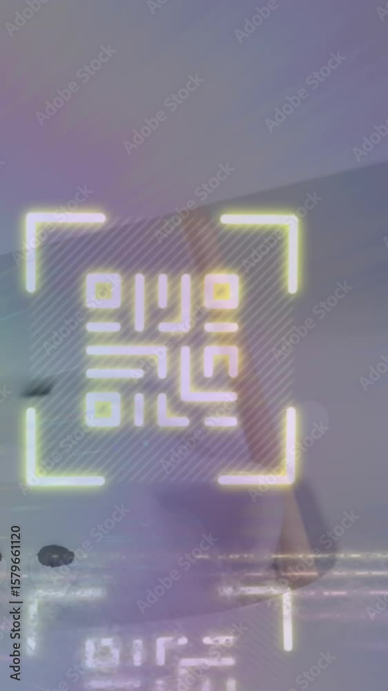 Poster animation of qr code and lines with lens flares against abstract background