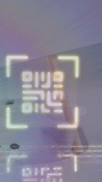 Animation of qr code and lines with lens flares against abstract background