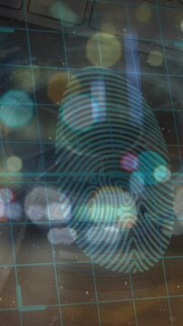 Animation of radar, padlock in shields, fingerprint over mouse on table against moving vehicles