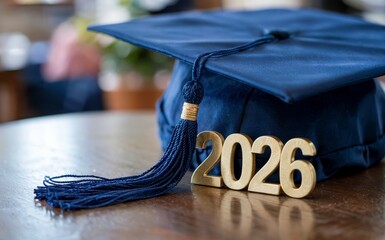 Blue graduation cap with gold tassel and 2026 numbers on wooden surface, symbolizing academic achievement, future goals, and educational success.