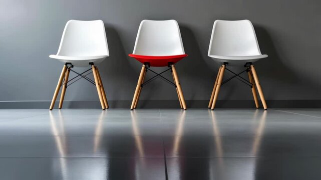 Row of white plastic chairs with wooden legs and one center chair with red seat on gray tile floor