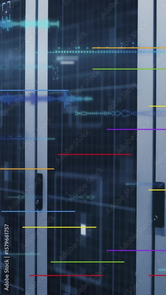 Poster animation of light spots and data processing against computer server room