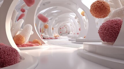Journey Within: A futuristic, semi-abstract depiction of a cellular structure, showcasing organic forms in a bright, clean interior.