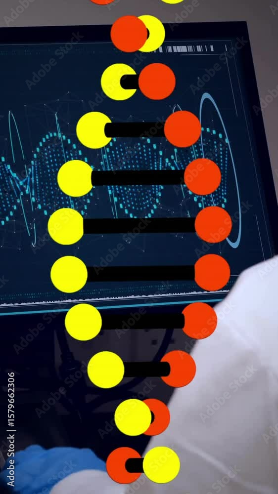 Poster dna strand animation over scientist analyzing data on computer screen