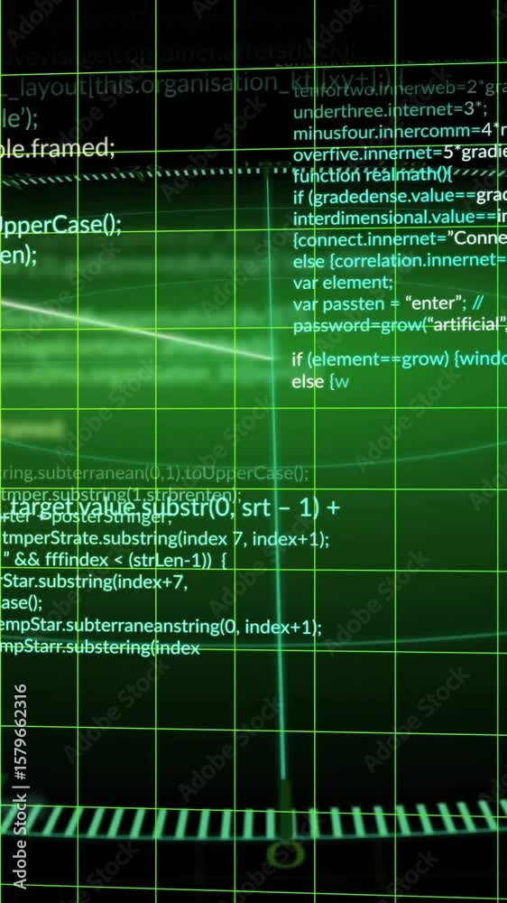 Poster Computer code and data processing animation over green grid background