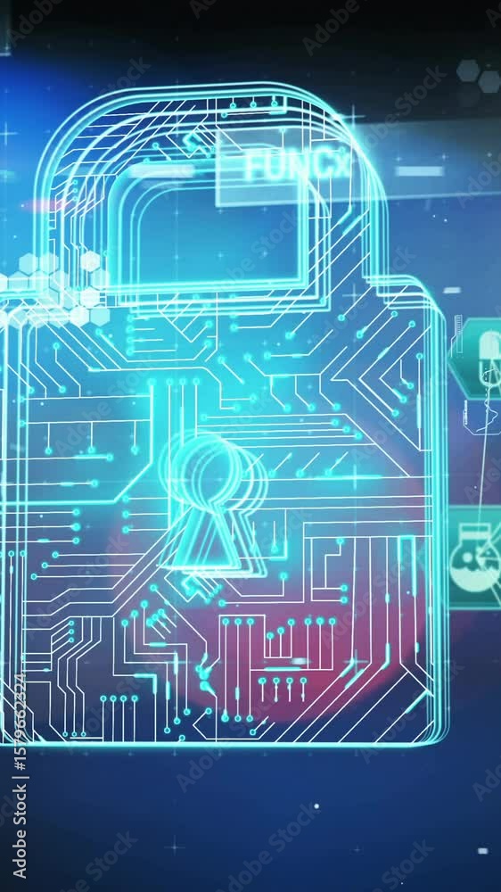 Poster digital lock and cybersecurity icons with data analysis complete animation
