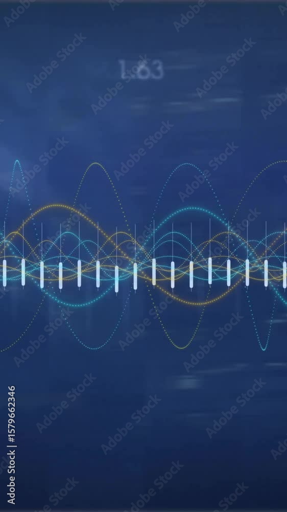 Poster analyzing financial data, fluctuating graphs and numerical values over blue background
