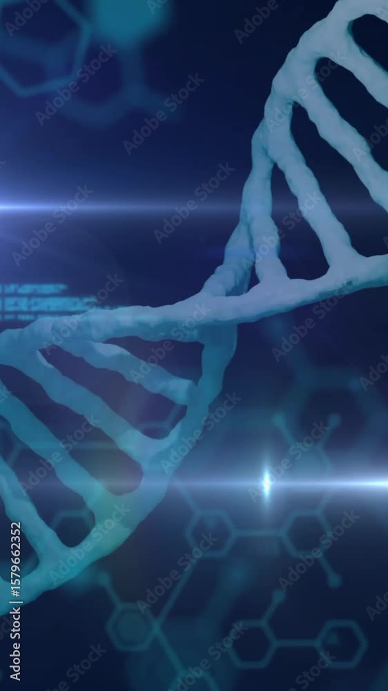 Poster dna strand and scientific data processing animation over blue hexagonal patterns