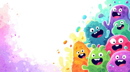 Naklejka premium Friendly Microbes: Colorful and quirky microbes come alive in this cute illustration, bringing a fun, friendly face to science and health.
