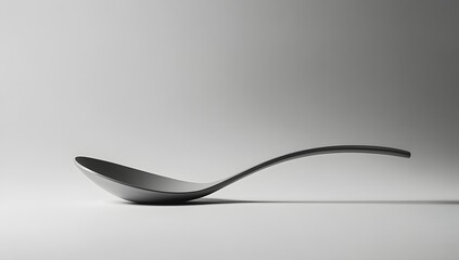 An elegant gray spoon lies curved on a neutral surface, captured in sharp studio detail with shallow focus. The composition is simple, calm, and refined.