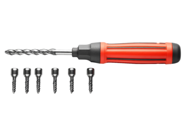 Multi-bit magnetic screwdriver tool featuring a strong grip handle and swappable heads isolated on transparent background PNG