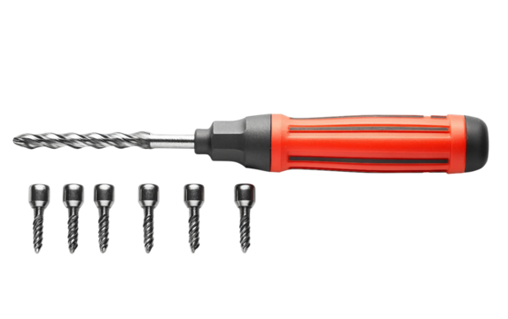 Multi-bit magnetic screwdriver tool featuring a strong grip handle and swappable heads isolated on transparent background PNG