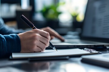 A hand holds a pen above lined paper on a sleek black desk, with a blurred laptop behind. A minimalist scene showing quiet focus during a note-taking session.

