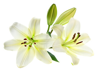 Two elegant white lilies with buds isolated on transparent background