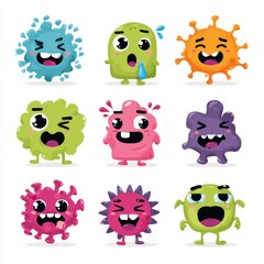 Obraz premium Cute Germs: Playful and colorful cartoon illustrations of cheerful germs, each uniquely designed with vibrant hues and lively expressions.