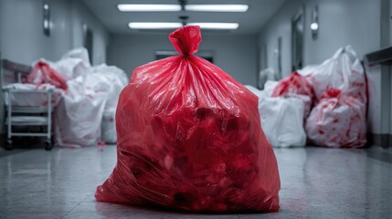 Nfectious waste must be disposed of in the trash bag and red, waste infections in hospitals, shows a lot of medical waste.infectious wastes in red bag.