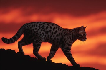 Fiery outline: the black-footed cat against an african sunset. Feline agility. The adorable appearance and deadly skills of africaâ€™s tiny feline hunter. Nature's contrast. Predatory instincts.