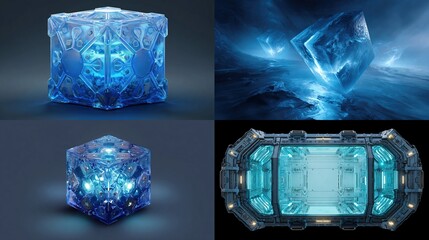 Quad image showing intricate luminous blue cubes and a futuristic containment unit