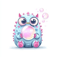 Fototapeta premium Bubbles' Playful Spectacle: A whimsical illustration depicts an endearing cartoon monster, with big eyes and an enchanting expression, playfully interacting with floating bubbles.