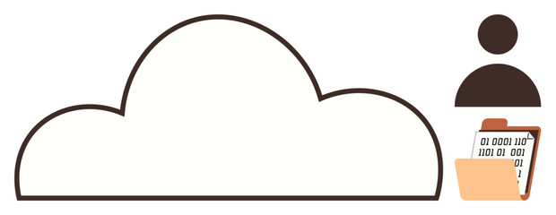 Large cloud paired with user silhouette and clipboard with binary data file folder. Ideal for cloud computing, data storage, online files, user access, data management, IT solutions, simple flat