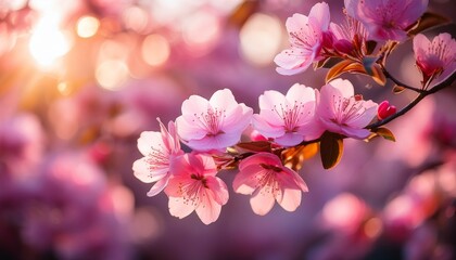 vibrant pink flowers on a branch in soft focus