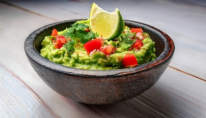 fresh guacamole showcases vibrant green avocado mixed with diced tomatoes and cilantro served in a traditional stone bowl a lime wedge adds a zestful touch to this appetizing dip