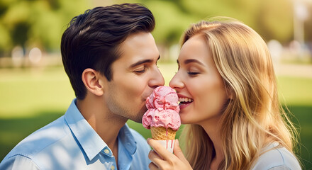 Young couple sharing ice cream while smiling in sunny park
