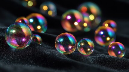 Rainbow-colored bubbles with prism light effects on a black velvet background, striking and elegant, colorful bubbles, luxury theme.
