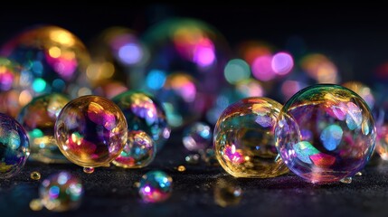 Rainbow-colored bubbles with prism light effects on a black velvet background, striking and elegant, colorful bubbles, luxury theme.