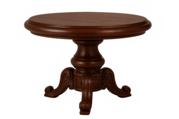 Classic round wooden table with carved pedestal standing on transparent background, perfect for interior design projects
