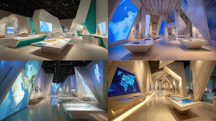 Modern museum exhibit showcasing interactive displays, maps, and information in bright, geometric architecture