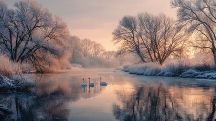 Fototapeta premium A serene winter landscape: frozen lake with swans, bare trees dusted with snow, golden light on horizon, magical morning