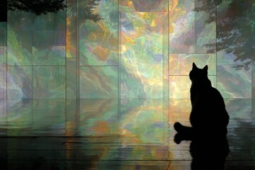 American bobtail explores digital art gallery with holographic displays. Pet and tech. Discovering the american bobtail: a breed of intelligence and activity. Wild cat traits. American bobtail.