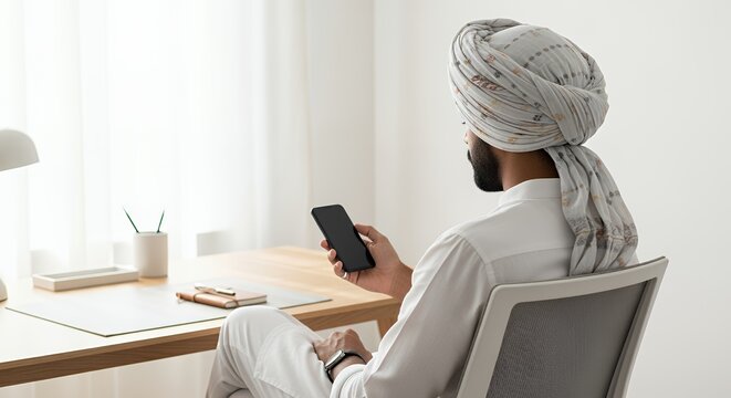 Man in Turban Using Smartphone at Desk - Powered by Adobe