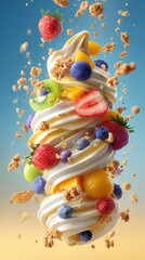 Obraz premium a frozen yogurt swirl with colorful fruit toppings (strawberries, blueberries, kiwi, mango) and cookie crumbles, flying in mid-air with dynamic perspective, realistic 3D rendering.