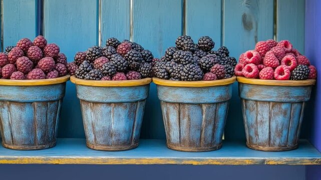 Blue Galvanized Buckets Filled with Fresh Red Raspberries and Blueberries on a Rustic Wooden Surface Healthy Organic Berry Display