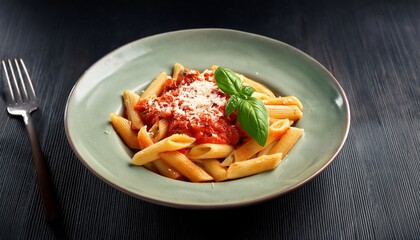 tomato sauce parmesan cheese and basil on penne pasta displayed on a dark background