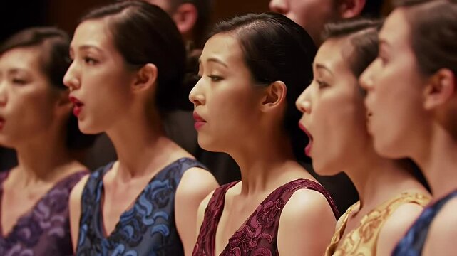 Diverse Group Of Women In Formal Dresses Singing In Concert Hall Under Warm Lighting With Musical Expression
