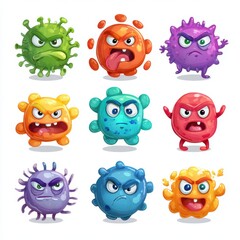 Fototapeta premium Angry Virus Characters: Collection of nine cartoon virus characters with various angry expressions, vibrant colors, and unique shapes, perfect for illustrating concepts related to illness, infection.