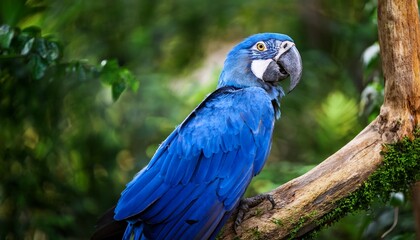 vibrant blue macaw perched on branch in lush greenery at wildlife sanctuary