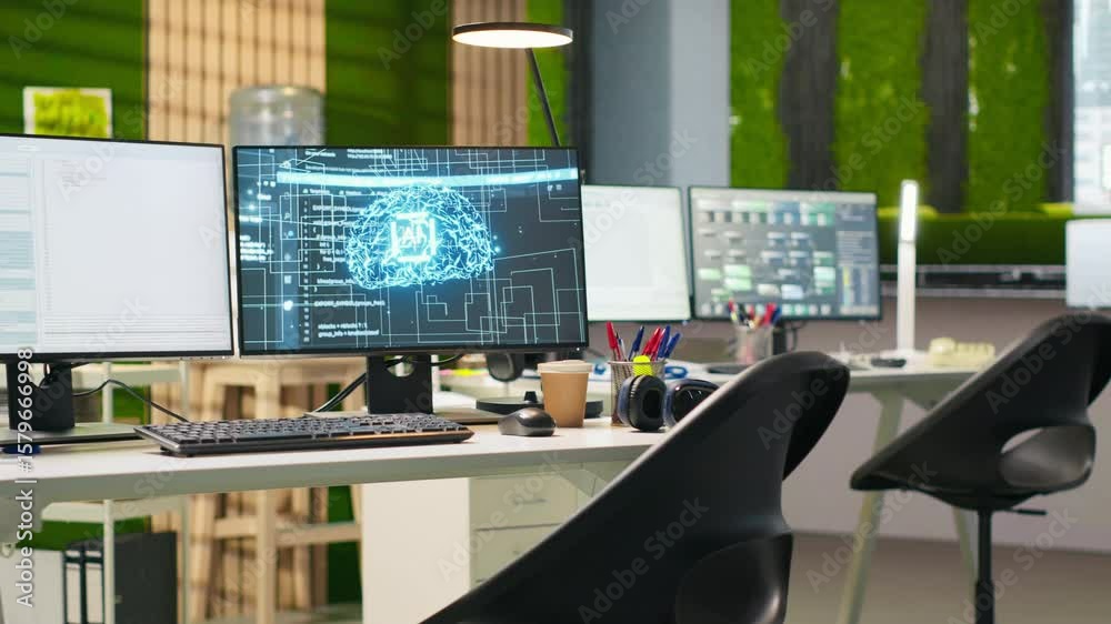 Poster empty startup office with ai neural networks program running on pc monitors used by developers. ai c