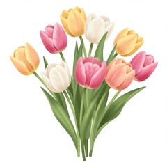 Fototapeta premium Pastel Tulips Bouquet: Pink, Yellow, and White Spring Flowers