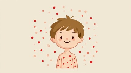 Child with Measles Rash: A cheerful illustration of a young boy with a measles rash, surrounded by small red dots, emphasizing the importance of vaccination and childhood health.