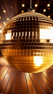 Hanging disco ball reflecting light over golden wooden floor in a festive dance hall or event space