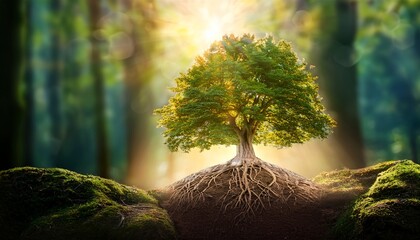 majestic tree emerging from earth illuminated by soft light in enchanted forest setting