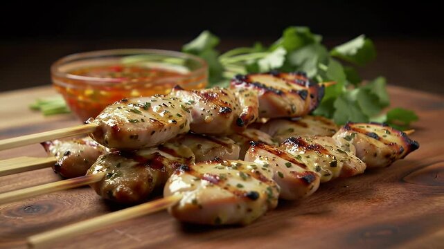 Grilled Chicken Skewers on Wooden Board With Clear Sauce and Cilantro on Dark Surface Featuring Grill Marks and Glaze