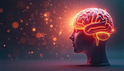 Obraz premium Human profile with a glowing brain and abstract elements surrounding it.