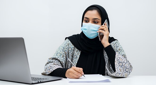 Focused Muslim woman in hijab, working from home, using laptop and phone, wearing a face mask. - Powered by Adobe