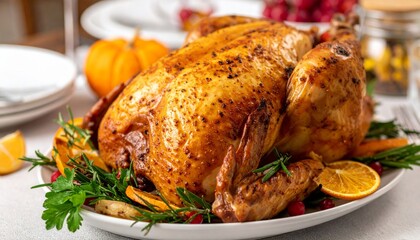Golden Roasted Thanksgiving Turkey Garnished with Oranges and Herbs on White Plate